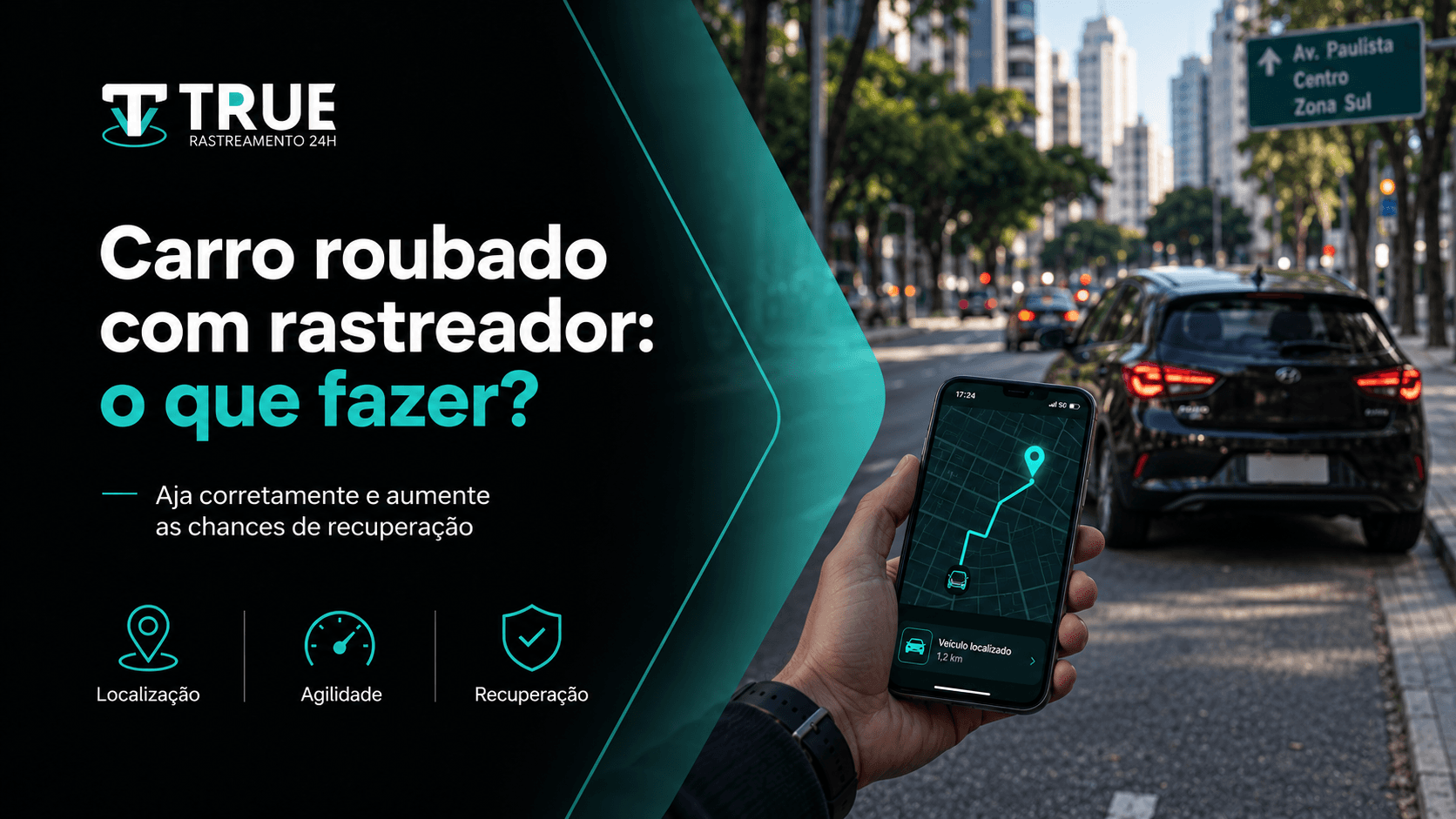 Homem preocupado olhando para o celular com o mapa de rastreamento veicular aberto na tela em Salvador.